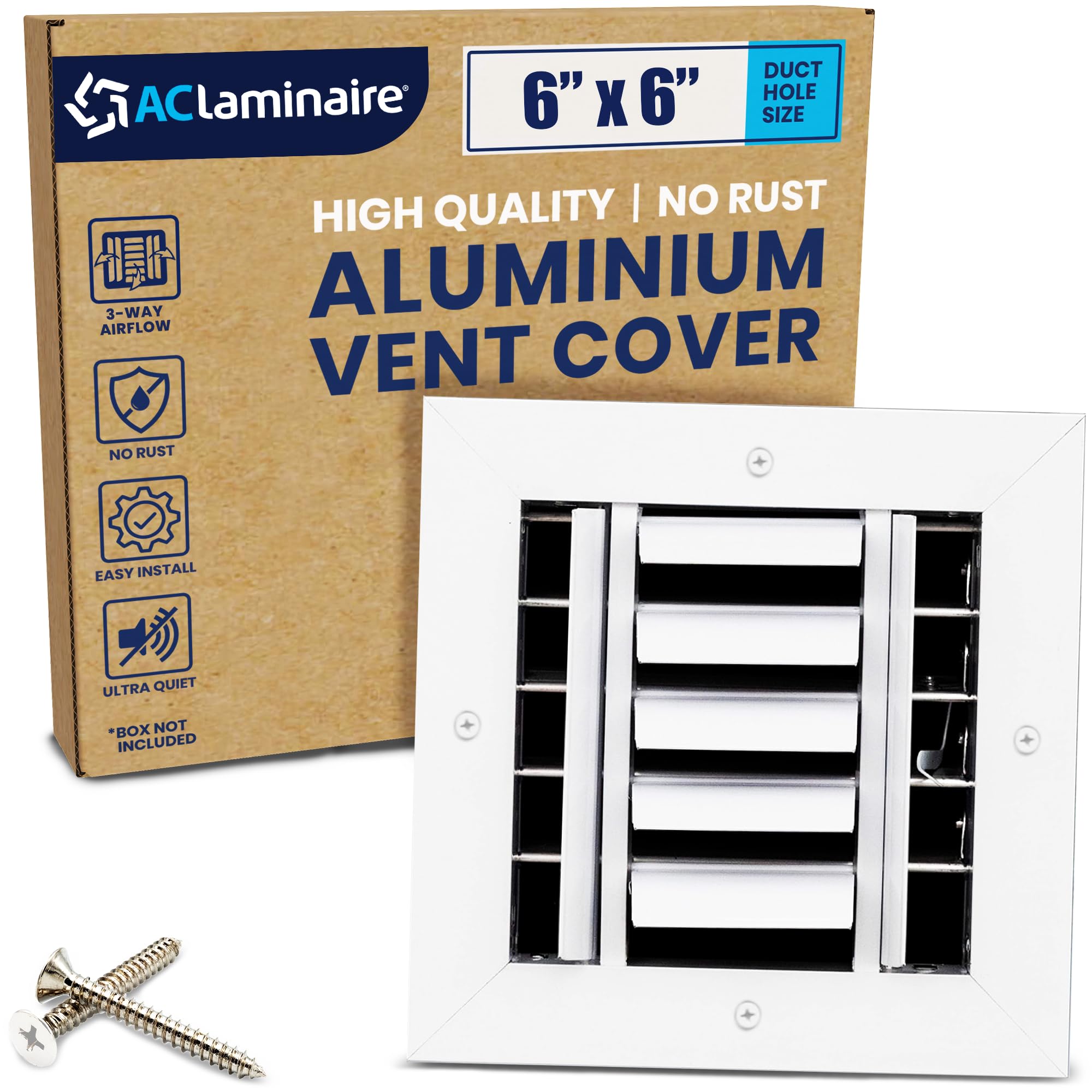 Photo 1 of 6x6 Inch (Duct Opening) Aluminum 3-Way Air Flow Vent – HVAC Vent Cover for Wall or Ceiling – Quiet HVAC Wall Register with Multi-Shutter Damper – Adjustable Curved Blade - Plastic Seal for Tight Fit