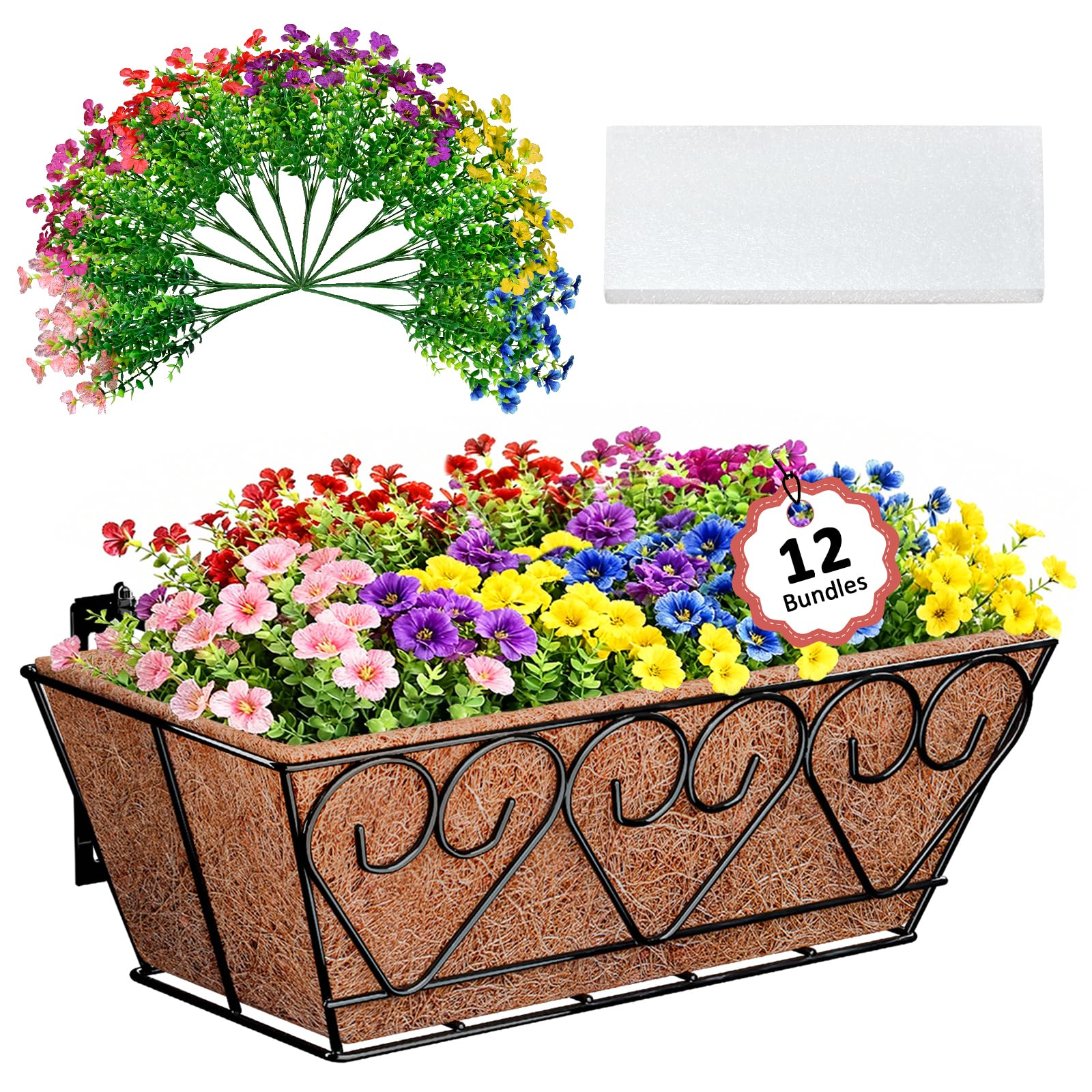 halatool railing planter box with artificial flowers, all season home decor | 16 inch metal window box with coco liners, 12 pcs uv-resistant colorful faux flowers, porch patio balcony windowsill decor