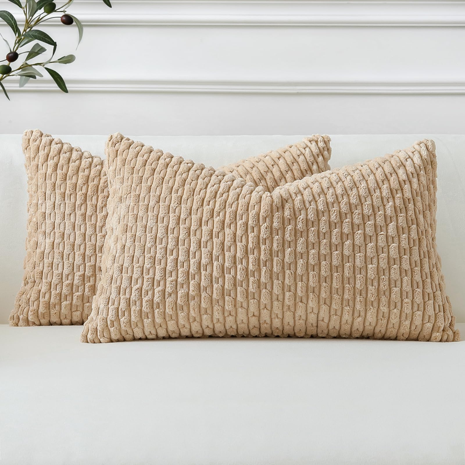 Sungeek Set of 2 Tan Soft Corduroy Decorative Cushion Covers Boho Striped Throw Pillow Covers for Sofa Couch Living Room Patio Farmhouse Home Decor Pillowcases 30x50cm