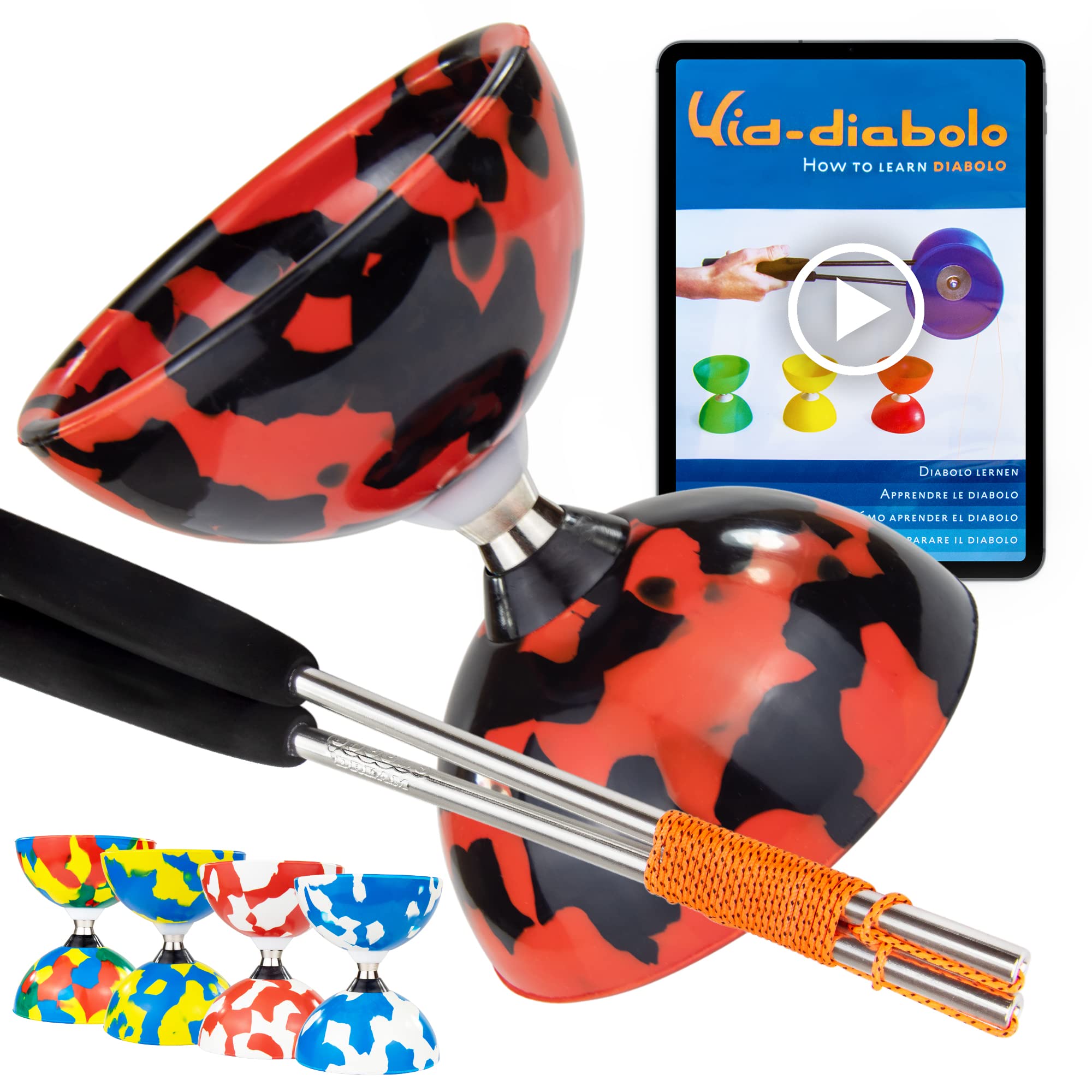 Juggle Dream Jester Diabolo Set - Bearing Axle Professional Diabolo with Aluminium Handsticks and Online Learning Video - Juggling Toy (Red/Black)
