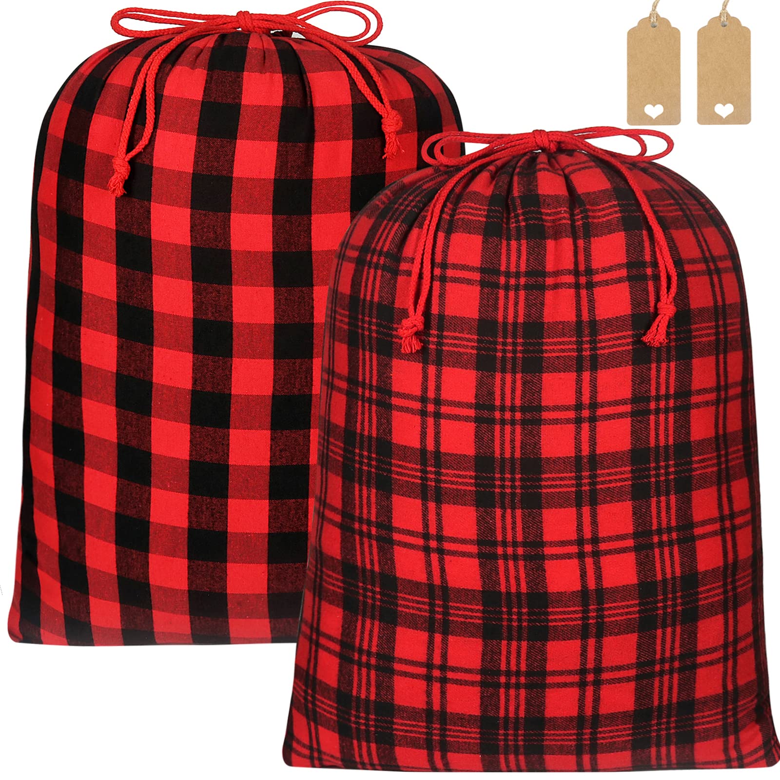 YQL 2PCS Extra Large Christmas Sacks, 71x51cm Christmas Drawstring Gift Bags with Tags Holiday Wrapping Bags Fabric Gift Bags Buffalo Plaid Drawstring Bags for Package Birthday Thanksgiving Holiday