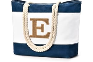 Becokan Initial Beach Bag Waterproof Canvas Beach Tote Bag Zipper Personalized Gifts for Women Her Birthday Travel Essentials