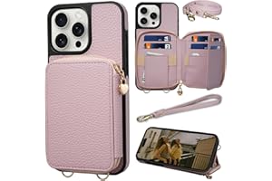 Keallce Case for iPhone 16 Pro Max 6.9'' Case Wallet, Crossbody Zipper Purse with RFID Blocking Card Slots Kickstand, Lanyard & Handstrap Flip Folio Leather iPhone Cover for iPhone 16 Pro Max, Pink