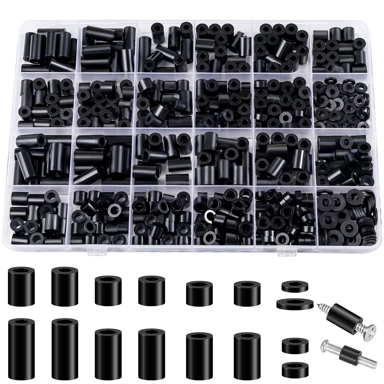 600 Pcs Electrical ABS Spacers Black Nylon Round Spacer for Screws Switch and Receptacle,Plastic Standoff Screw Nut Assortment Kit Without Threaded,Hardware for M3/M4 Screws