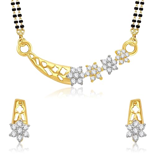 VK Jewels Finely Looking Gold And Rhodium Plated Alloy Mangalsutra set with Earrings for Women made with Cubic Zirconia-MP1048G [VKMP1048G]