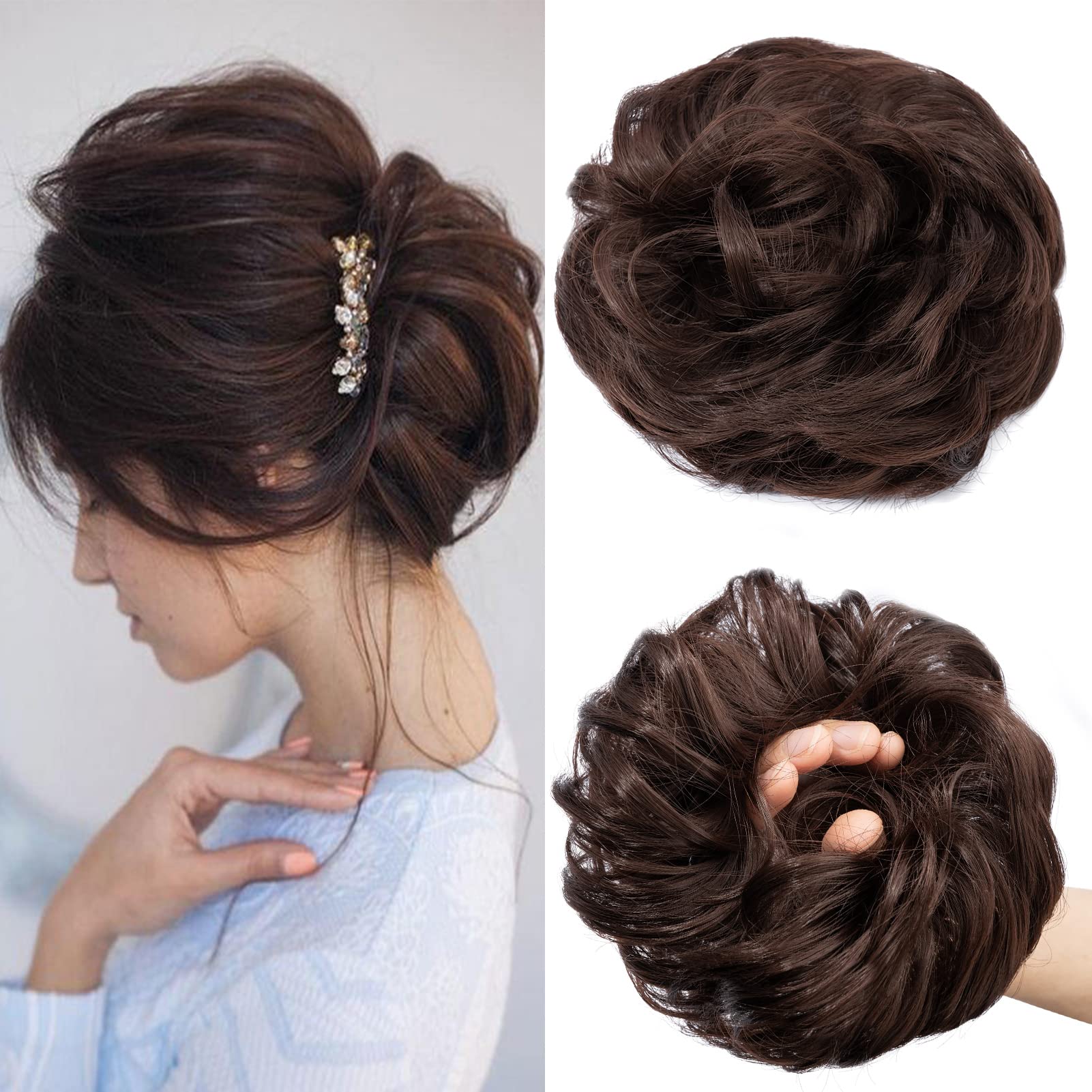 Cybelleza Scrunchy Bun Updo Hairpiece Hair Ribbon Ponytail Extensions Hair Extensions Wavy Curly Messy Hair Bun Donut Hair Chignons Hair (Light Brown)