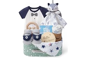 Golray Baby Boy Gifts for Baby Shower, 9pcs Newborn Essential with Fox Lovey/Blanket/Onesie/Wooden Rattle/Socks/Bib/Suitcase, Welcome Baby Gift Box Gender Reveal Infant Boy Gift Basket Set 0-6 Month