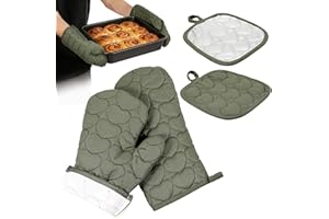 4 pcs Oven Mitts and Pot Holders Set, 10.63 Inch High Heat Resistant 250℃ Kitchen Oven Glove with Pot Holder, Long Soft Cotto