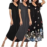 Ekouaer 3 Pack Long Nightgowns for Women Plus Size House Dress Short Sleeve Night Gown V Neck Casual Nightshirt M-5XL