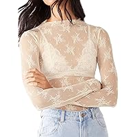 Sheer Mesh Long Sleeve Layering Top for Women Mock Neck See