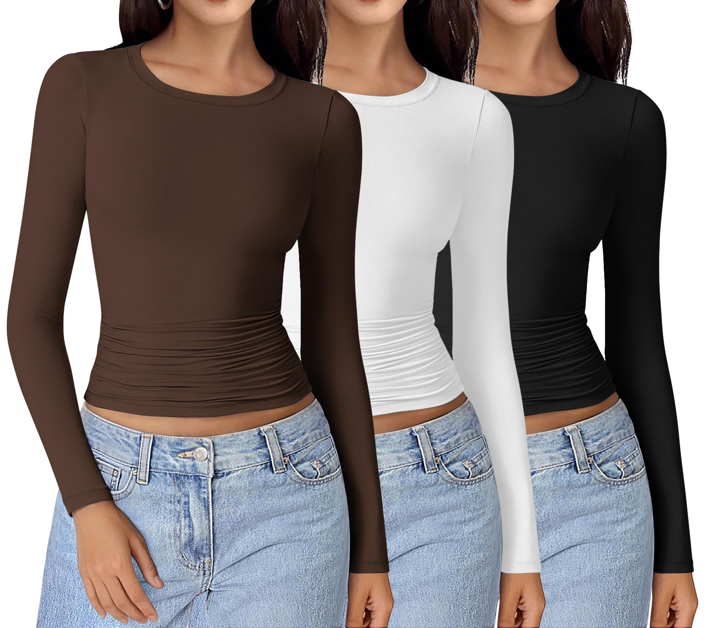 Photo 1 of * does not come with the brown one *
Ekouaer Womens 3 Pack Long Sleeve Shirts Ruched Side Fitted Undershirts Round Neck Stretch Underscrubs Tight Thermal Tops Black//White L