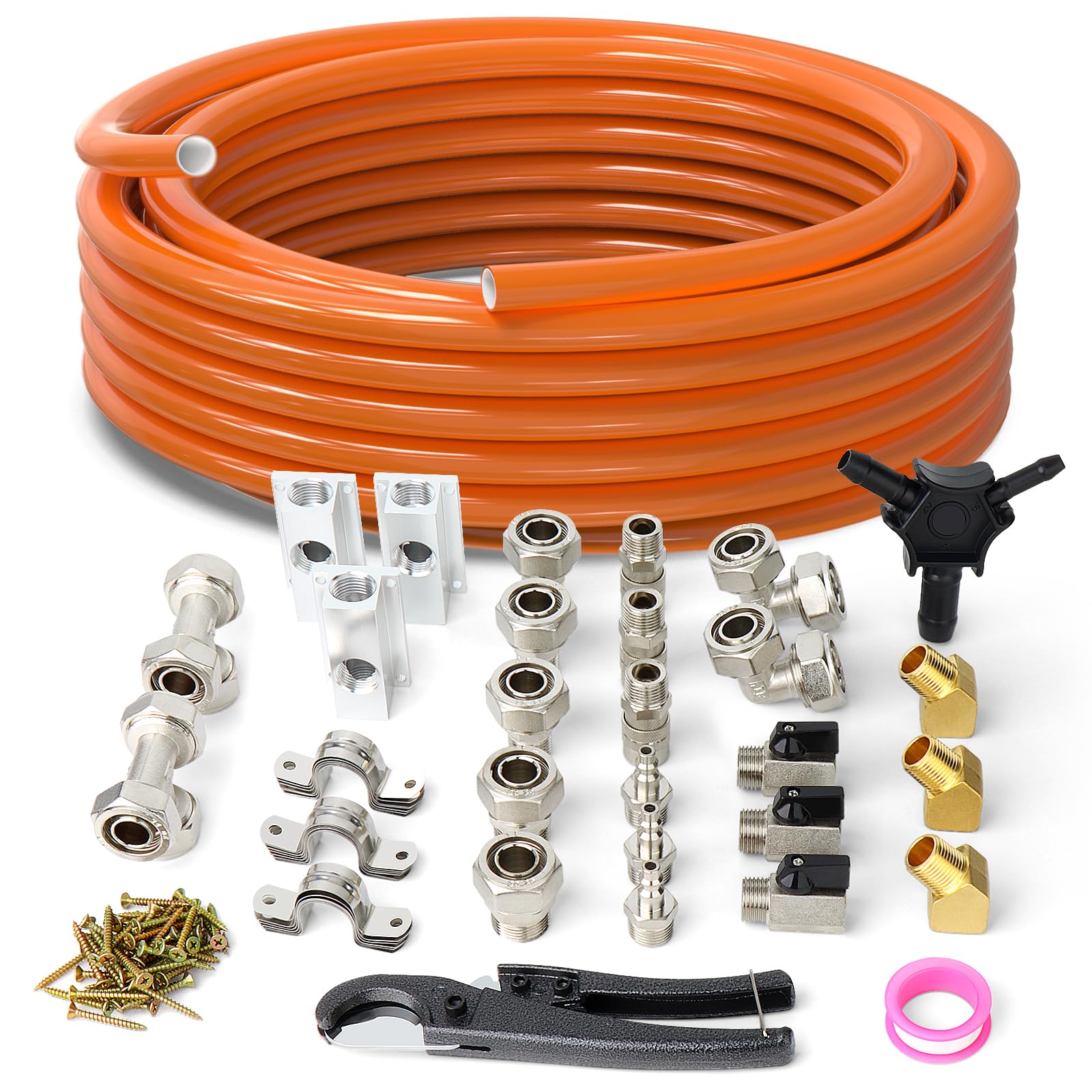 Photo 1 of GASHER Compressed Air Piping System, Air Compressor Install kit, With 3/4 Inch ID× 50 Feet HDPE Compressed Air Pipe,Aluminum Outlet Blocks, Tees, Cutter, Connectors, Tees, Mounting clips, 98Pieces