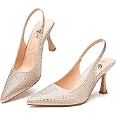 Trary Slingback Heels for Women - Pointed Toe Pumps, Comfortable & Stylish for Parties & Work - 3.2inch High Heels, Rhinestone & Glitter Dressy Shoes