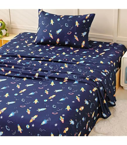 Queen Size Astronaut Bedding Set - 4 PC Sheet Set With Deep Pocket Fitted Sheet, Flat Sheet & 2 Pillowcases