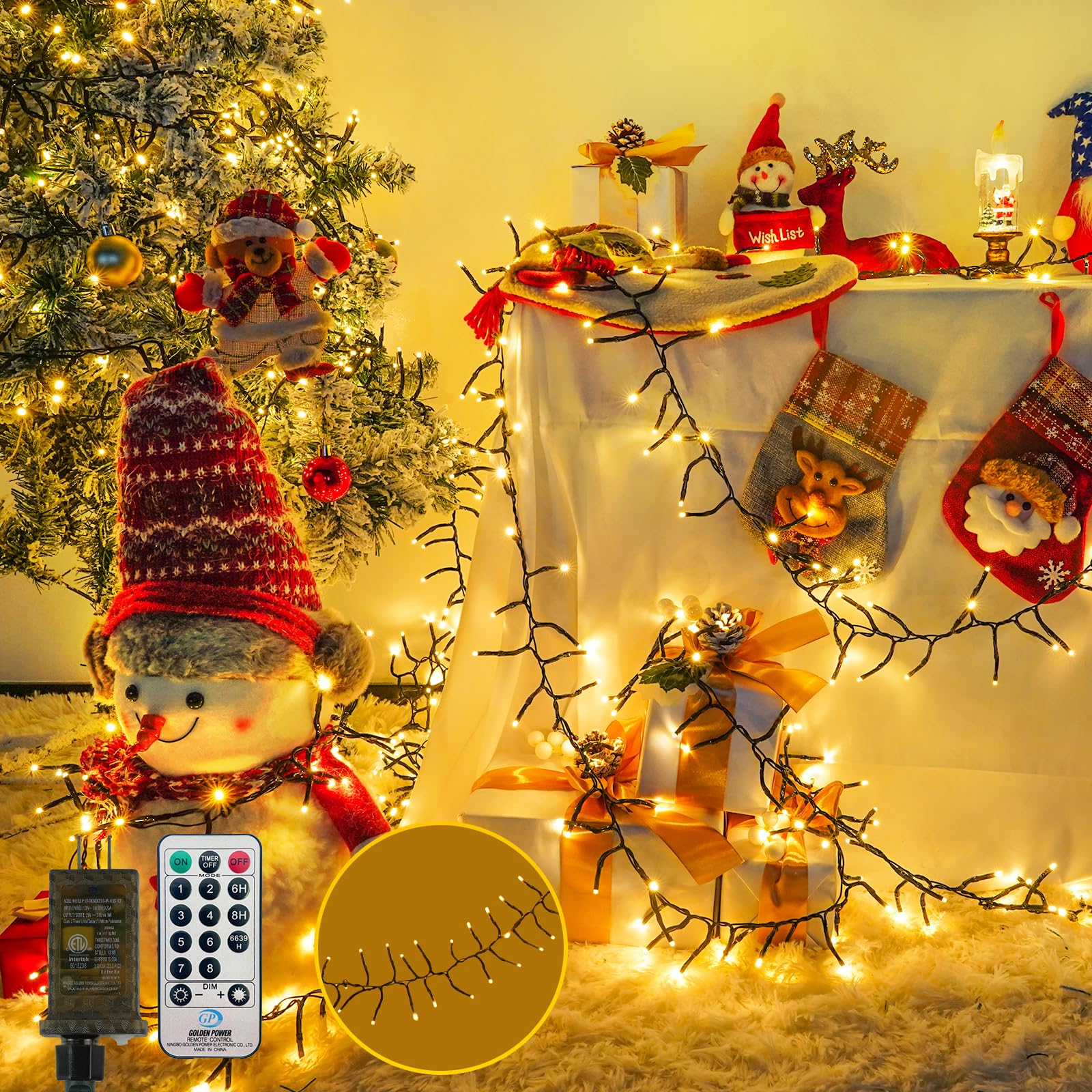 Photo 1 of 50FT 1000 LED Cluster Christmas Lights, Christmas Tree Lights Outdoor Indoor with 8 Modes & Timer & Remote, Firecrackers String Lights Waterproof for Garland Party Xmas Decorations, Warm White