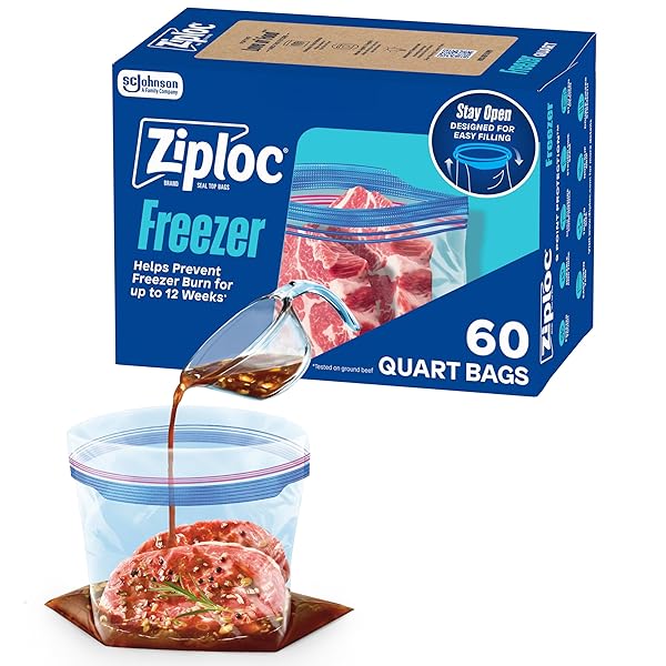 ZIPLOC QUART FOOD STORAGE FREEZER BAGS, STAY OPEN DESIGN, EASY TO FILL, 60 COUNT (PACKAGING MAY VARY)