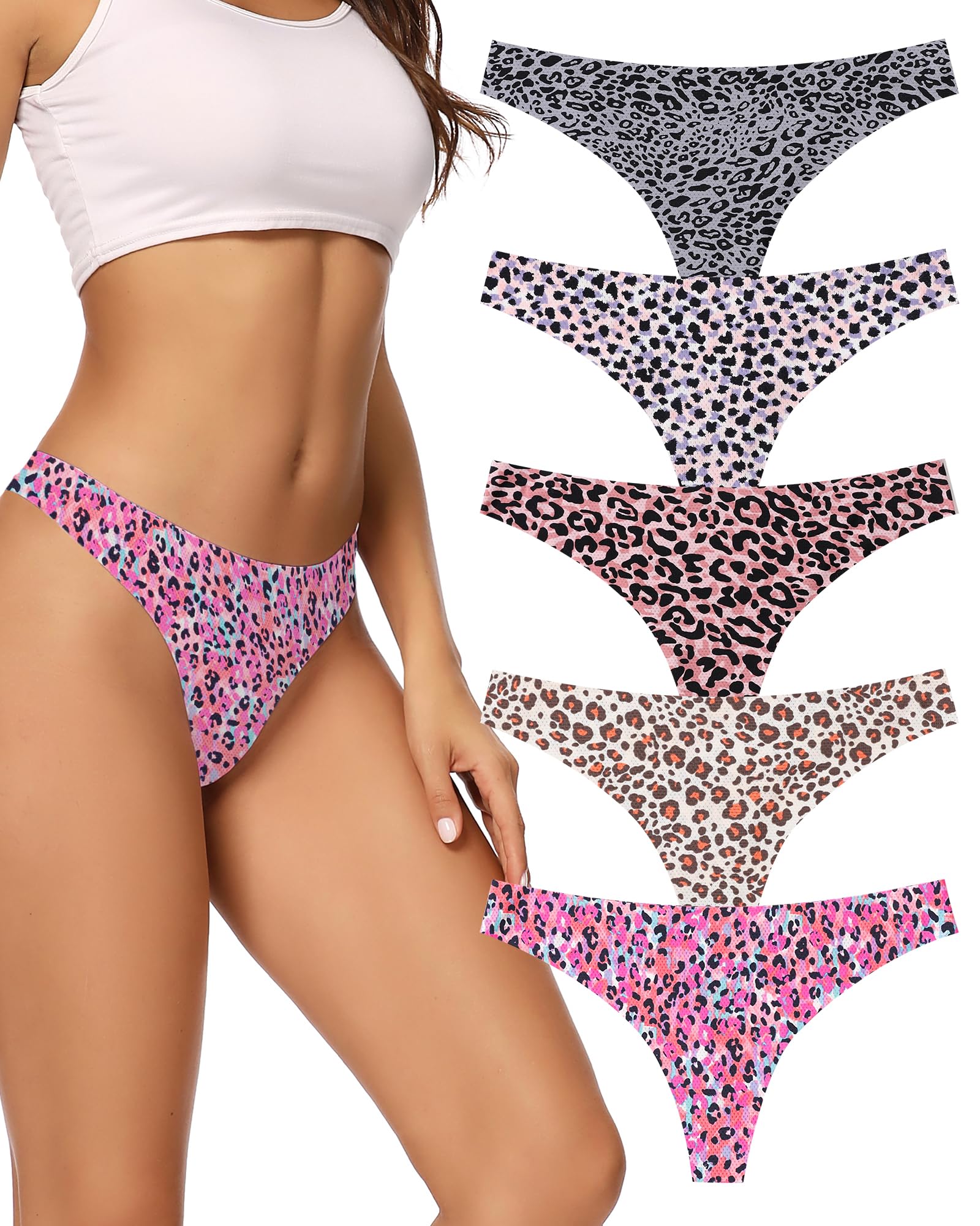 Photo 1 of voenxe Seamless Thongs for Women No Show Thong Underwear Women 5-10 Pack (G-5 Pack Leopard Print, Small)