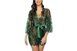Cicilin Women's Sexy Lace Nightgown Lingerie Pajamas in Transparent Lace with G-String Dressing Gowns Babydoll Bathrobes