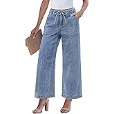 GRAPENT Wide Leg Jeans for Women Trendy High Waisted Drawstring Tie Elastic Waist Stretchy Denim Pants Trouser Jeans
