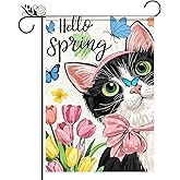 BlissYard Hello Spring Garden Flag 12x18 Inch Double Sided Cute Cat Seasonal Welcome Small Flags For Outside Outdoor Decor Yard Farmhouse Holiday Spring Summer Decorations Yard Flags