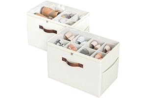 Budding Joy 2 Pack Shoe Organizer for Closet, Clear Foldable Shoe Storage Containers Adjustable Dividers Fits 16 Pairs,Shoe Storage Bins Baskets Boxes with Reinforced Handles Beige