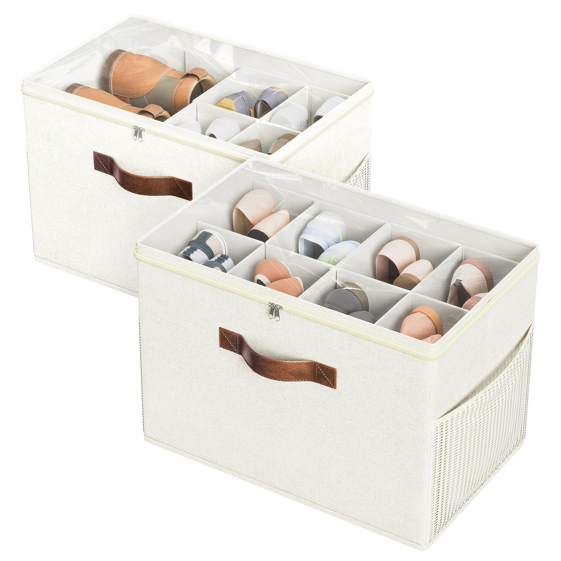 Budding Joy 2 Pack Shoe Organizer for Closet, Clear Foldable Shoe Storage Containers Adjustable Dividers Fits 16 Pairs,Shoe Storage Bins Baskets Boxes with Reinforced Handles Beige