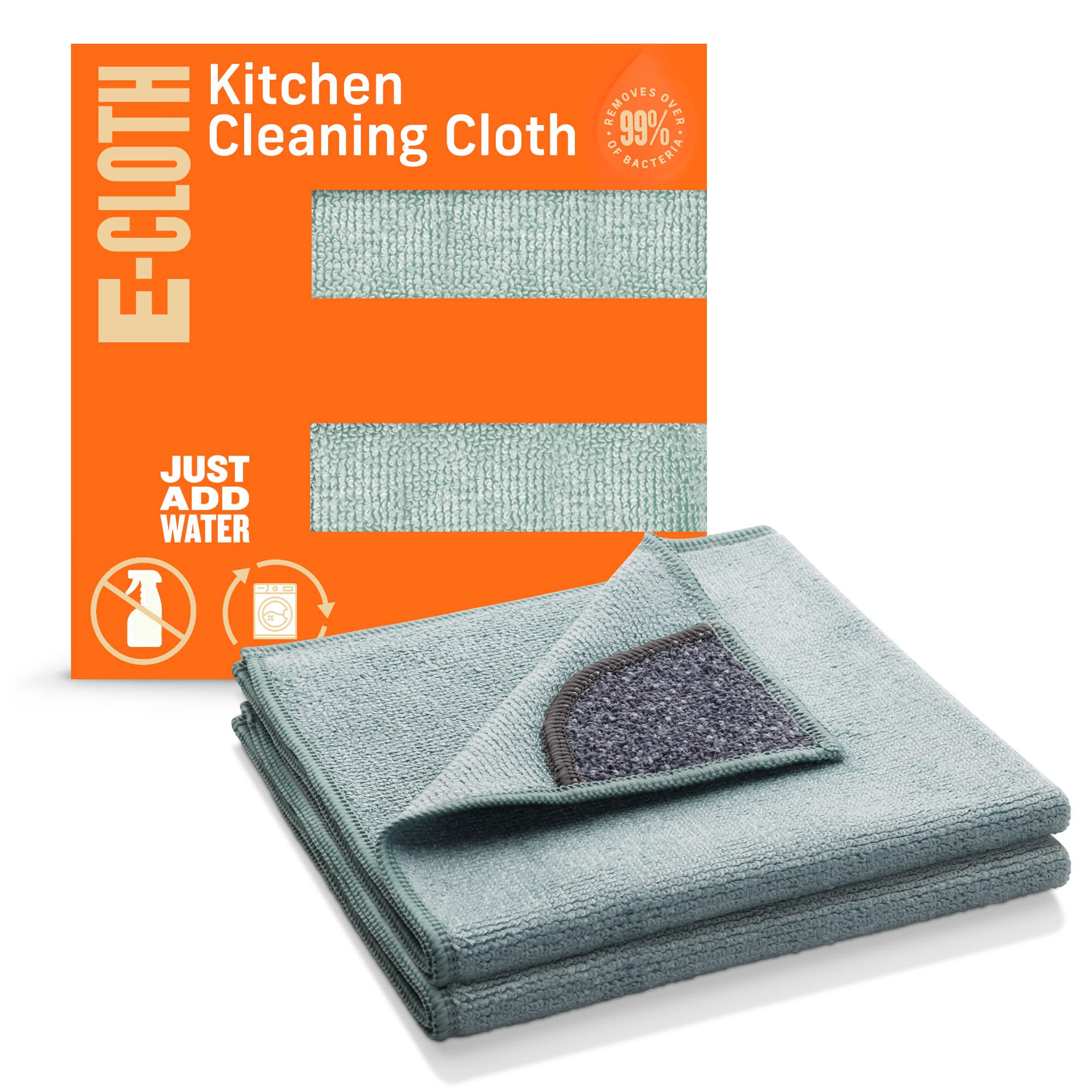 E-Cloth Kitchen Cleaning Cloth, Premium Microfibre Cleaning Cloth with Scrubber, Ideal for Kitchen Sinks and Dish Scrubber, Reusable, 100 Wash Promise, 2 Pack