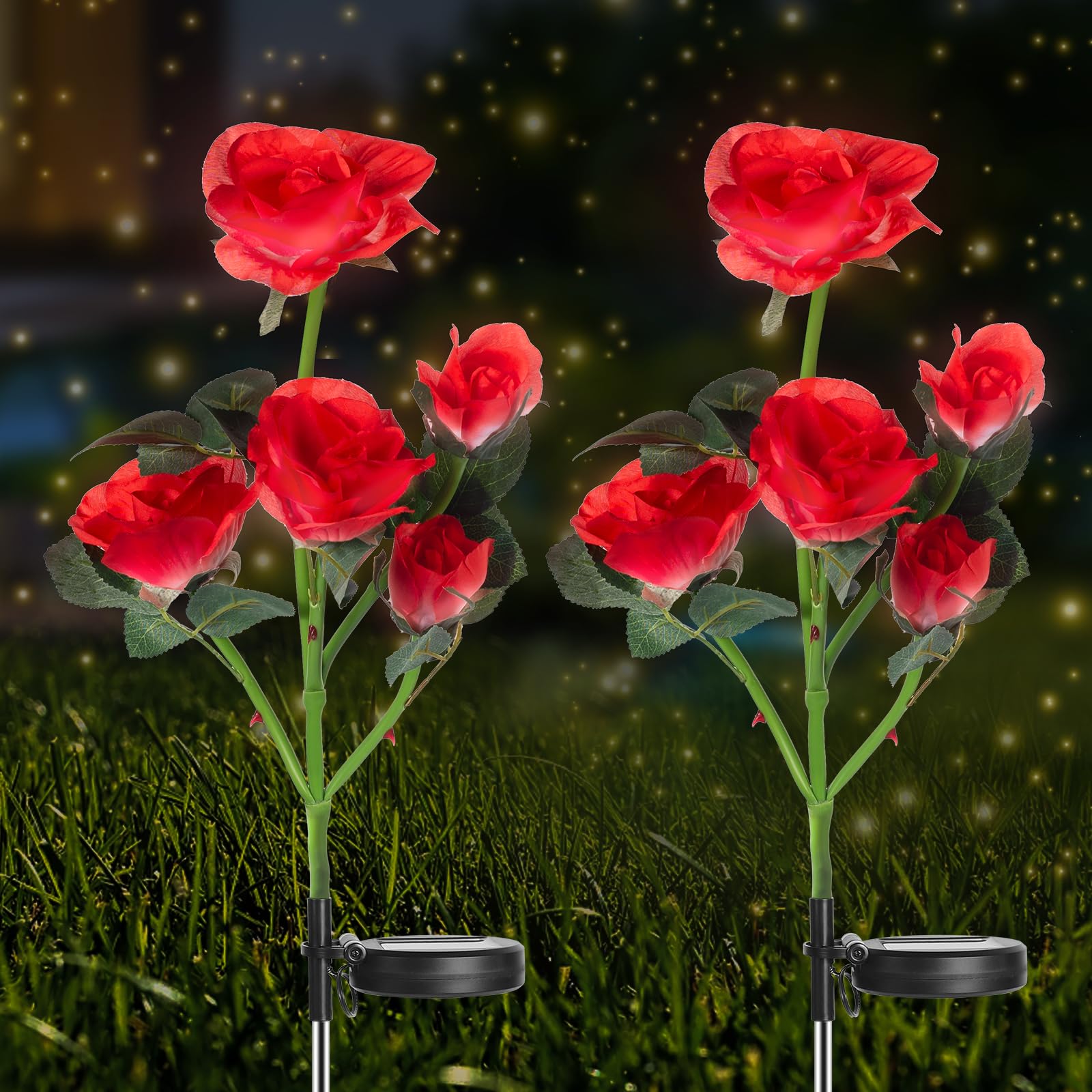 NEWMEN Solar Lights Outdoor, 2 Pack Solar Powered Waterproof with 10 Bigger Red Rose, Waterproof Garden Flower Lighting for Lawn Patio Pathway Party Wedding — image 1