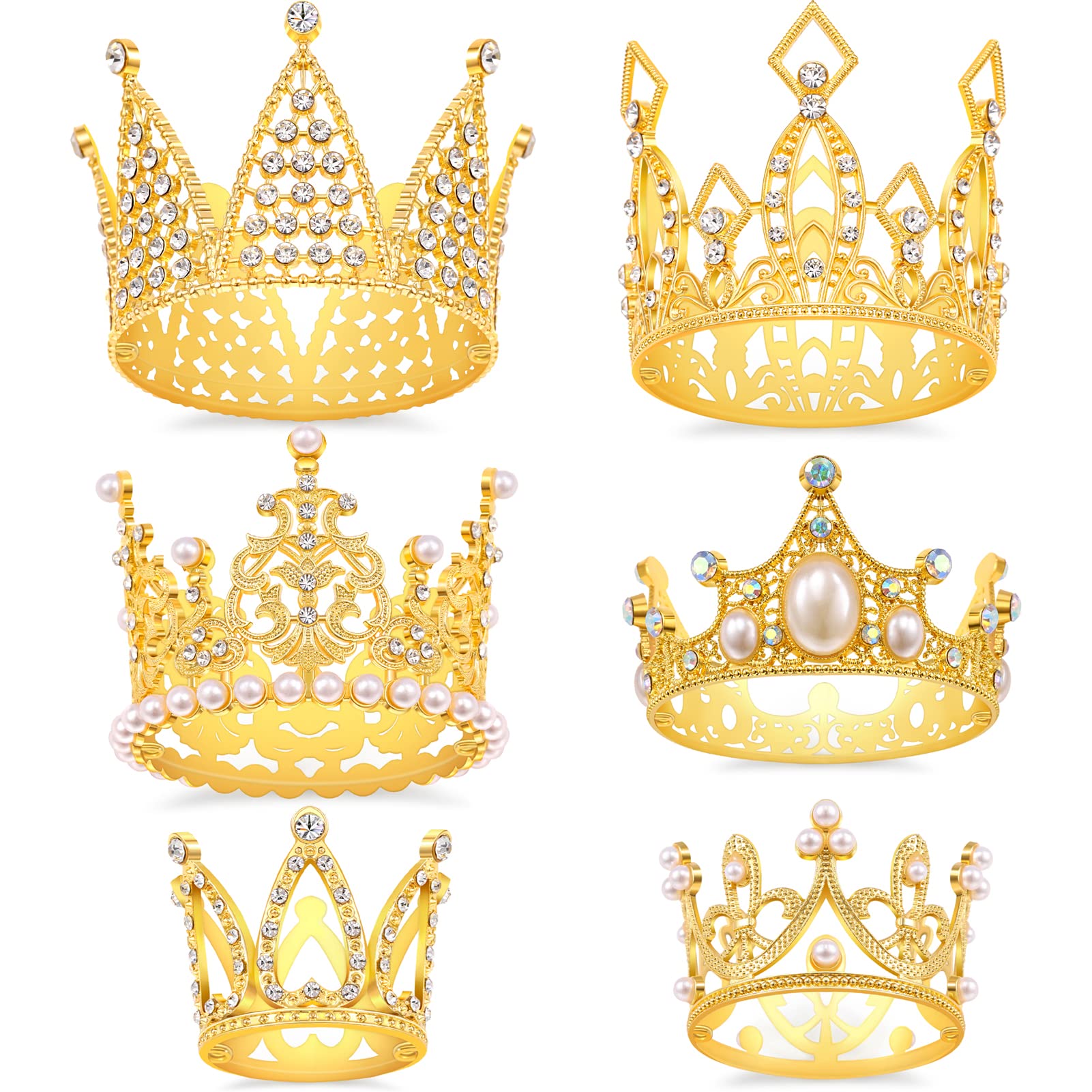 SisBroo Gold Crown Cake Topper, 6 Pieces Happy Birthday Cake Toppers, Princess Crown Cake Decorations for Birthday, Wedding, Party and Baby Shower, Birthday Crown Tiara for Kids and Pets (Gold-Ⅱ, 6)