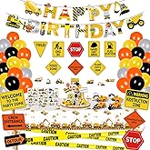 Construction Birthday Party Decorations - Construction Balloon Arch Kit,12 Wall Decor Sign,Yellow Caution Tape,4 Mini Construction Vehicle,Tattoos,Banner,Tablecloth,Cake Topper,for Kids Birthday Party