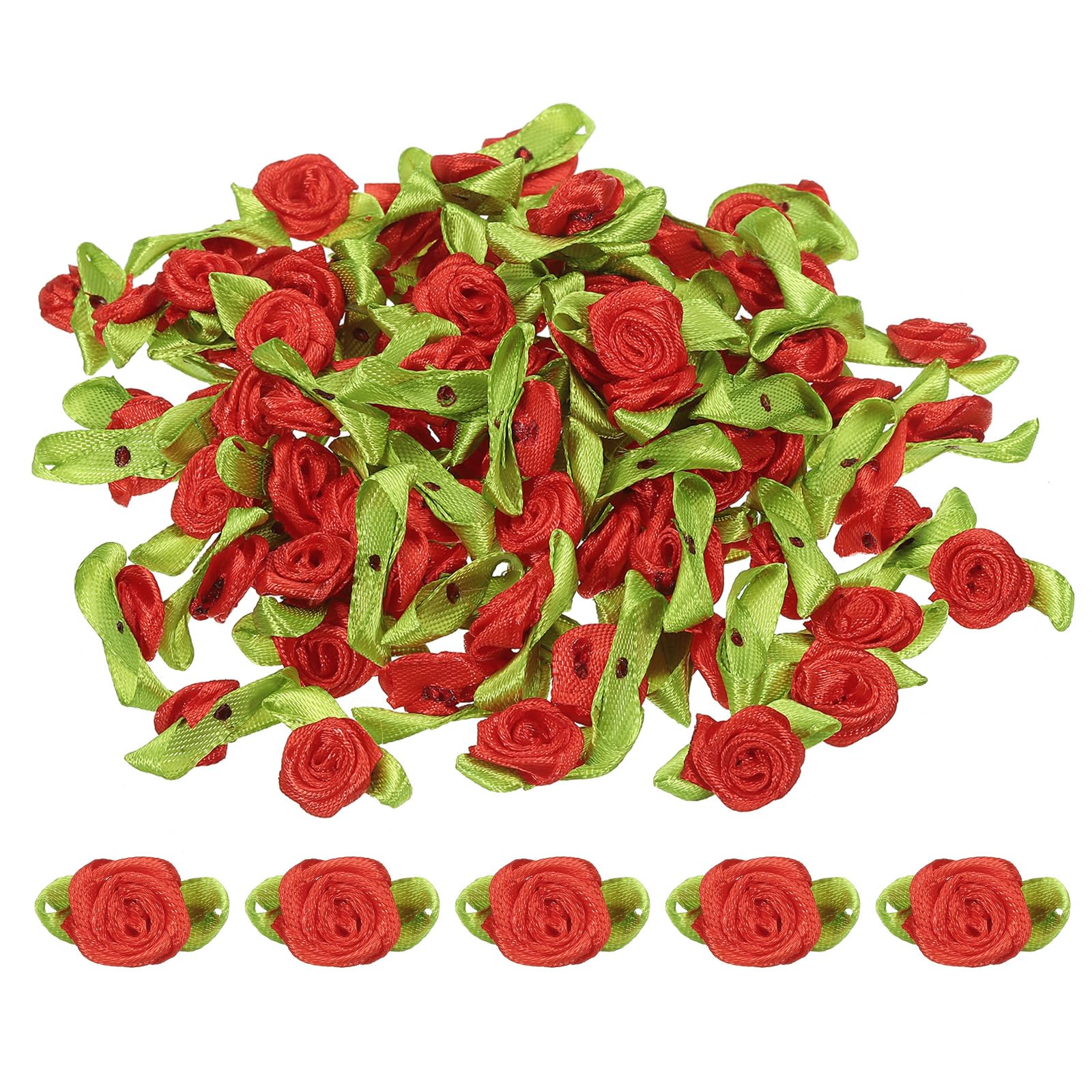 PATIKIL Mini Ribbon Roses, 100 Pcs Tiny Satin Fabric Flowers with Green Leaves Embellishments Rosettes Applique for DIY Crafts Sewing Wedding,Red — image 1