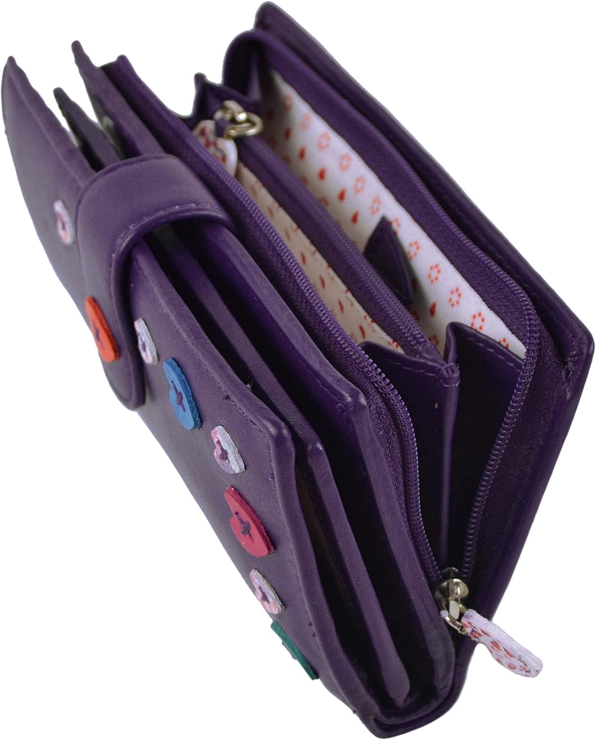 Ladies Leather Large Tab Purse/Wallet by Mala; Lucy Collection Handy Heart (Purple) - Image 4