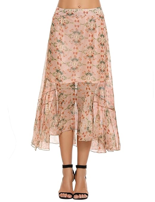 Chigant Damen Elegant Sommerrock Chiffon Asymmetrisch Midi Blumen Rock Transparent Strandrock