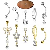 VANGOT 10PCS Gold Belly Button Ring for Women Dangle Surgical Steel 14G CZ Floating Hypoallergenic Clicker Pink Heart Long Flower Belly Button Piercing Jewelry