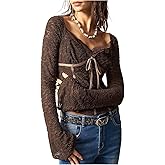 MakeMeChic Women's Floral Lace Long Sleeve T Shirt Sweetheart Neck Tie Front Retro Y2K Tee Tops