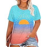 QAUN Plus Size Sunset Shirt Women: Summer Graphtic Tshirt Funy Saying Letter Tees Beach Short Sleeve Tops