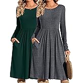 Riyiper 2 Pack Casual Dresses Women Fall Winter 2025, Long Sleeve Loose Fit Pleated Swing Dress with Pockets Knee Length