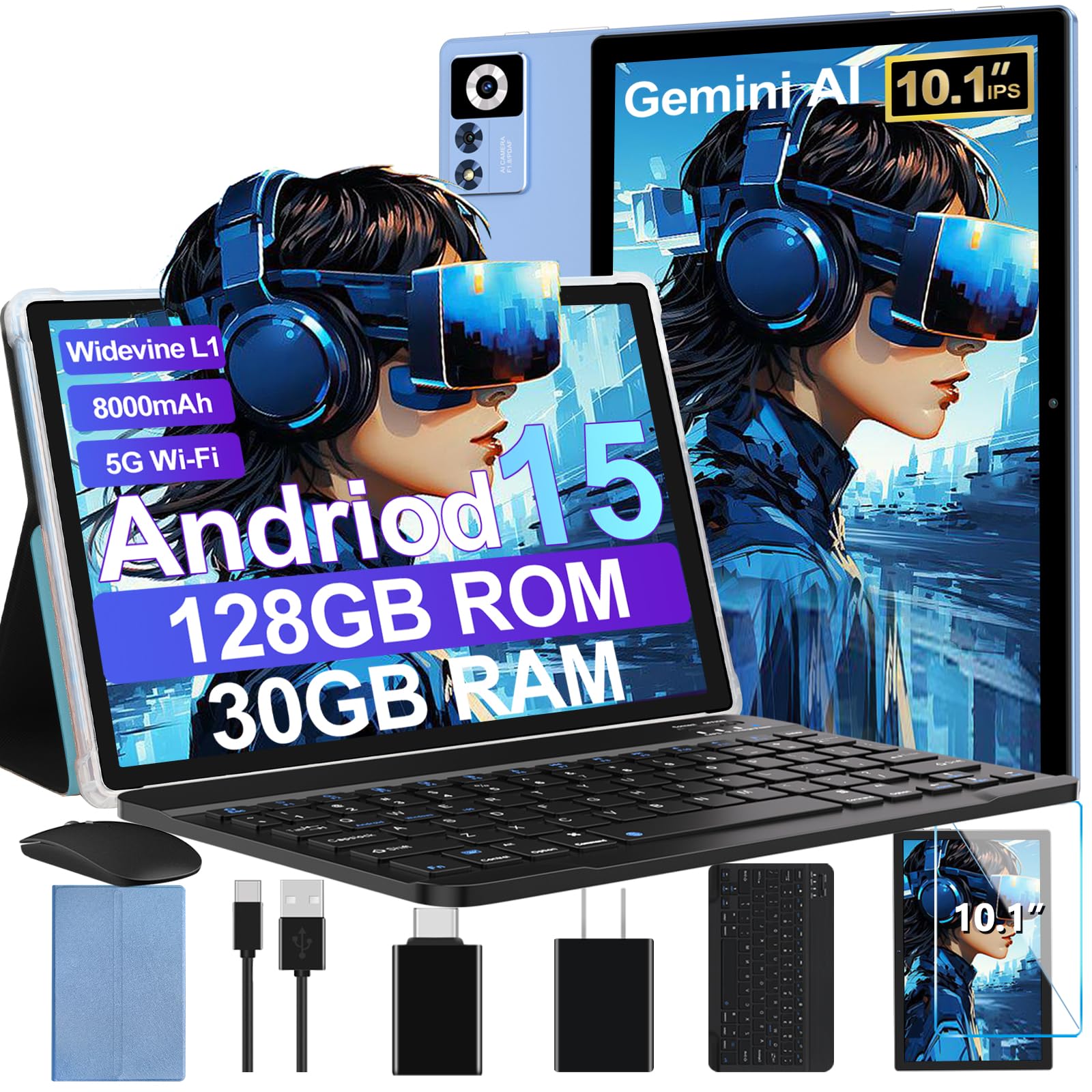 2025 Android 15 Tablet with Keyboard | Gemini AI, 30GB+128GB Octa-Core Electronics Tablets w/ 10 Inch IPS HD Display, 8000mAh, 5G WiFi, 1TB Expand, Mouse+Case, BT 5.0, Widevine L1, Metal Body -Blue