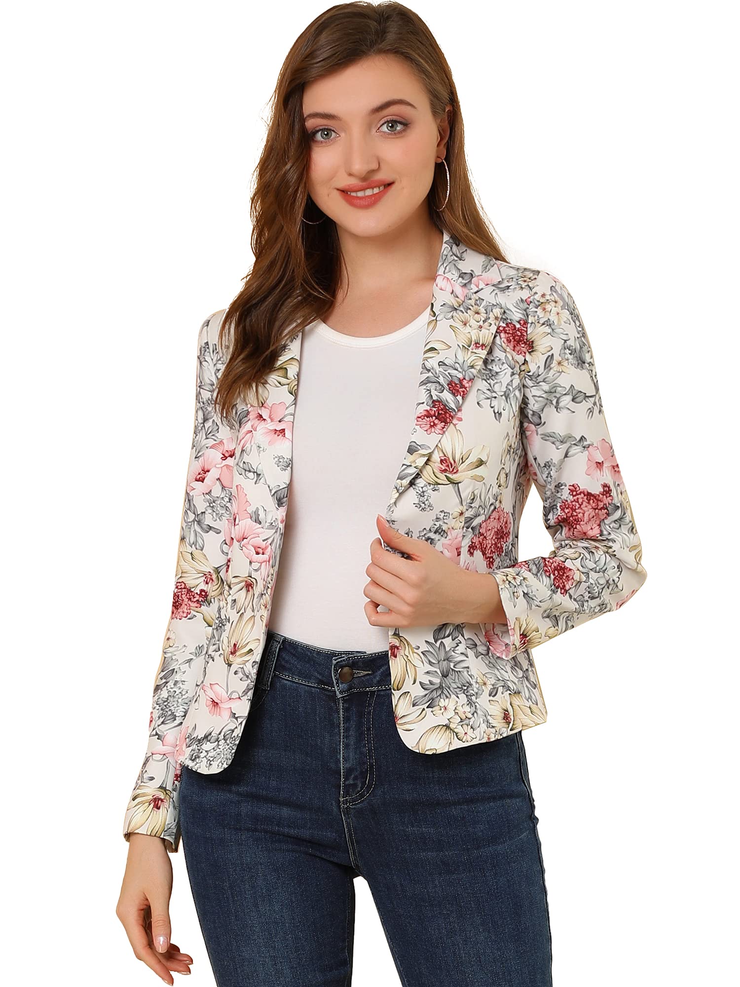 Photo 1 of Allegra K Women's Work Casual Fitted Blazer Notch Lapel Printed Open Front Suit Jacket Medium Beige-Floral