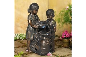 Boy and Girl Outdoor Floor Cascading Water Fountain 23" High with LED Light Sculpture for Garden Patio Yard Deck Home Lawn Porch House Living Room Relaxation Exterior Balcony - John Timberland