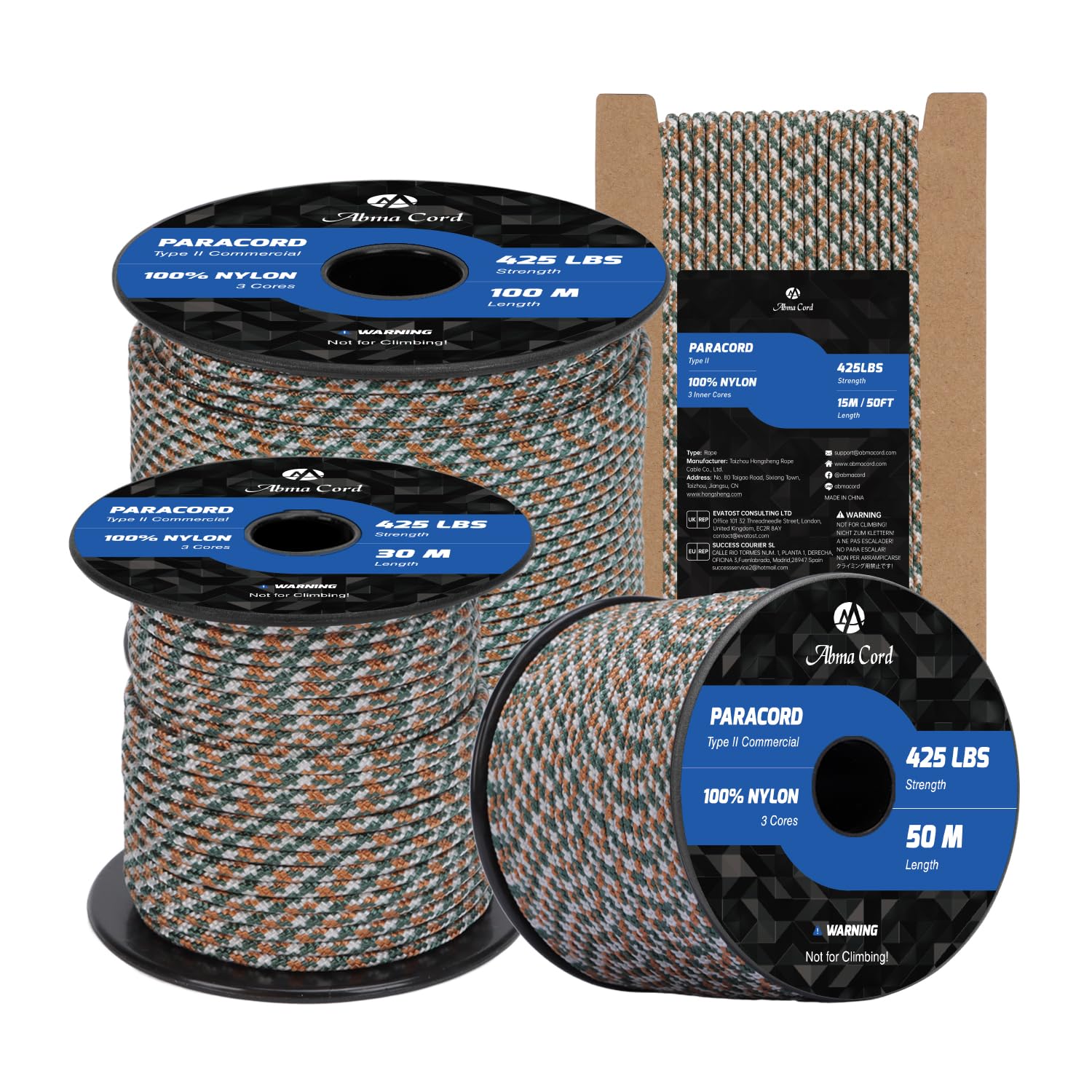 Abma Cord Paracord 3mm 100m 100% Nylon Rope Type II 3 Strands Parachute Cord - Max. 192kg (425lbs) - Honor