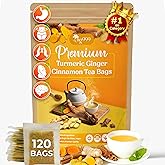 120 Bags Premium Turmeric Ginger Cinnamon Tea, Improve Digestion, Support Brain, Weight, Skin and Sleep, Eco-Conscious Tea Bags and Premium Natural Ingredients. Turmeric Ginger Herbal Tea. No Sugar, No Caffeine, No Gluten, Vegan.