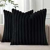 Pallene Faux Fur Plush Throw Pillow Covers 18x18 Set of 2, Luxury Soft Fluffy Striped Decorative Pillow Covers for Sofa, Couch, Living Room, Black