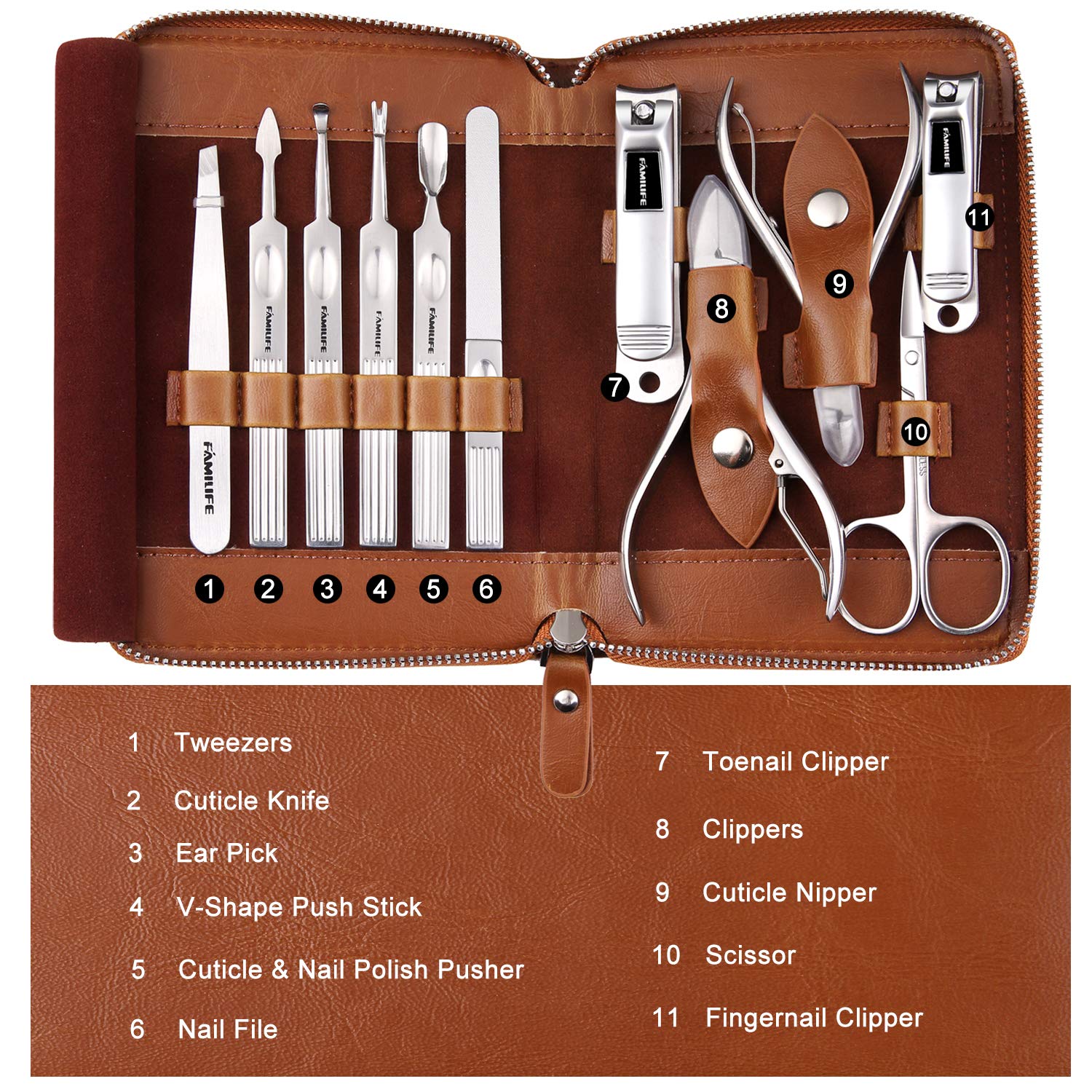 Manicure Set, FAMILIFE Professional Manicure Kit Nail Clippers Set 11 in 1 Stainless Steel Pedicure Tools Kit Grooming Kit with Portable Brown Leather Travel Case for Men L18 : Beauty
