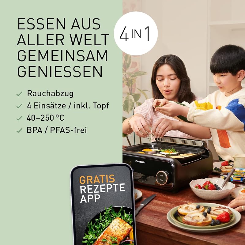 NF-GM400 4-in-1 Elektro-Multikocher, Elektro Tischgrill, Braten, Slow Cook, BBQ, Dämpfen, Sautieren, 1400W, 40–250°C, 9 Auto-Modi, 4 Antihaftplatten, Rauchabsaugung, Schwarz