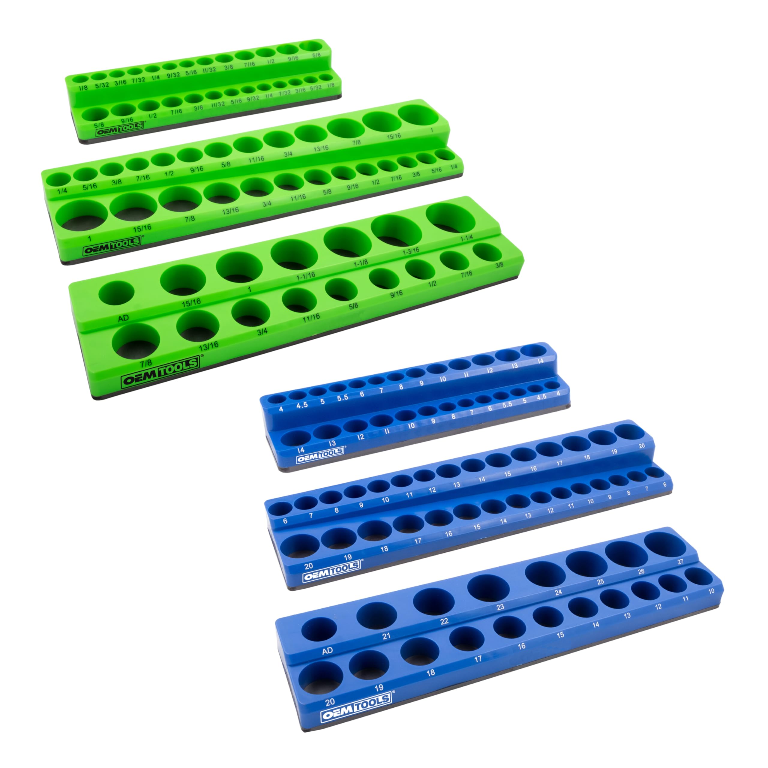 Photo 1 of *** MISSING SMALL BLUE AND ALL GREEN **** ** OEMTOOLS 22461 6 Pack Set Metric and SAE Magnetic Socket Tray Set, Green and Blue Socket Organizers, 1/4, 3/8, 1/2 Inch Drive Socket Organizer Tray Set