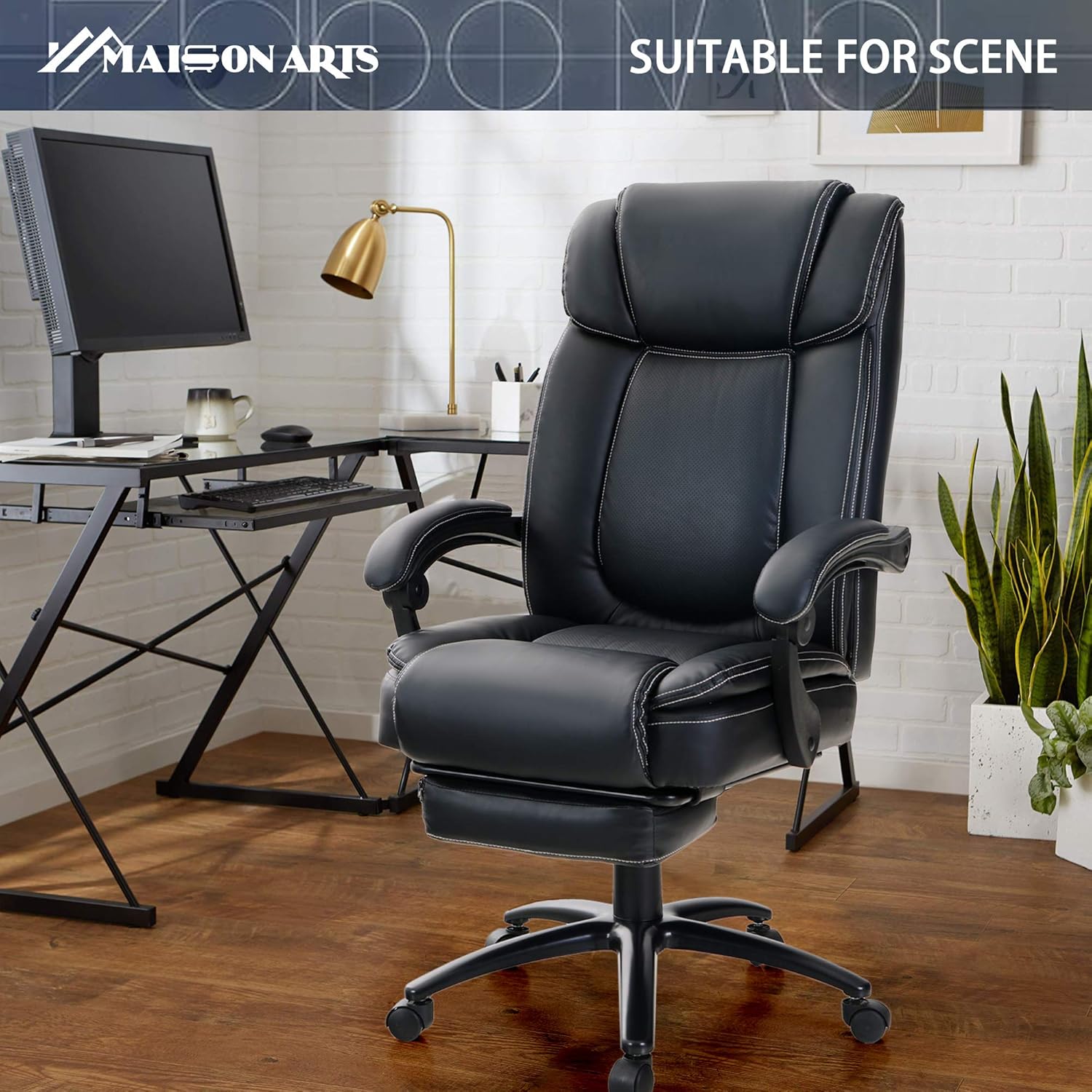 MAISON ARTS Big and Tall Bonded Leather Reclining Office Chair Task Chair, 400lb High Back Executive Massage Computer Desk Chair with Retractable Footrest and Metal Base for Home Office: Kitchen & Dining