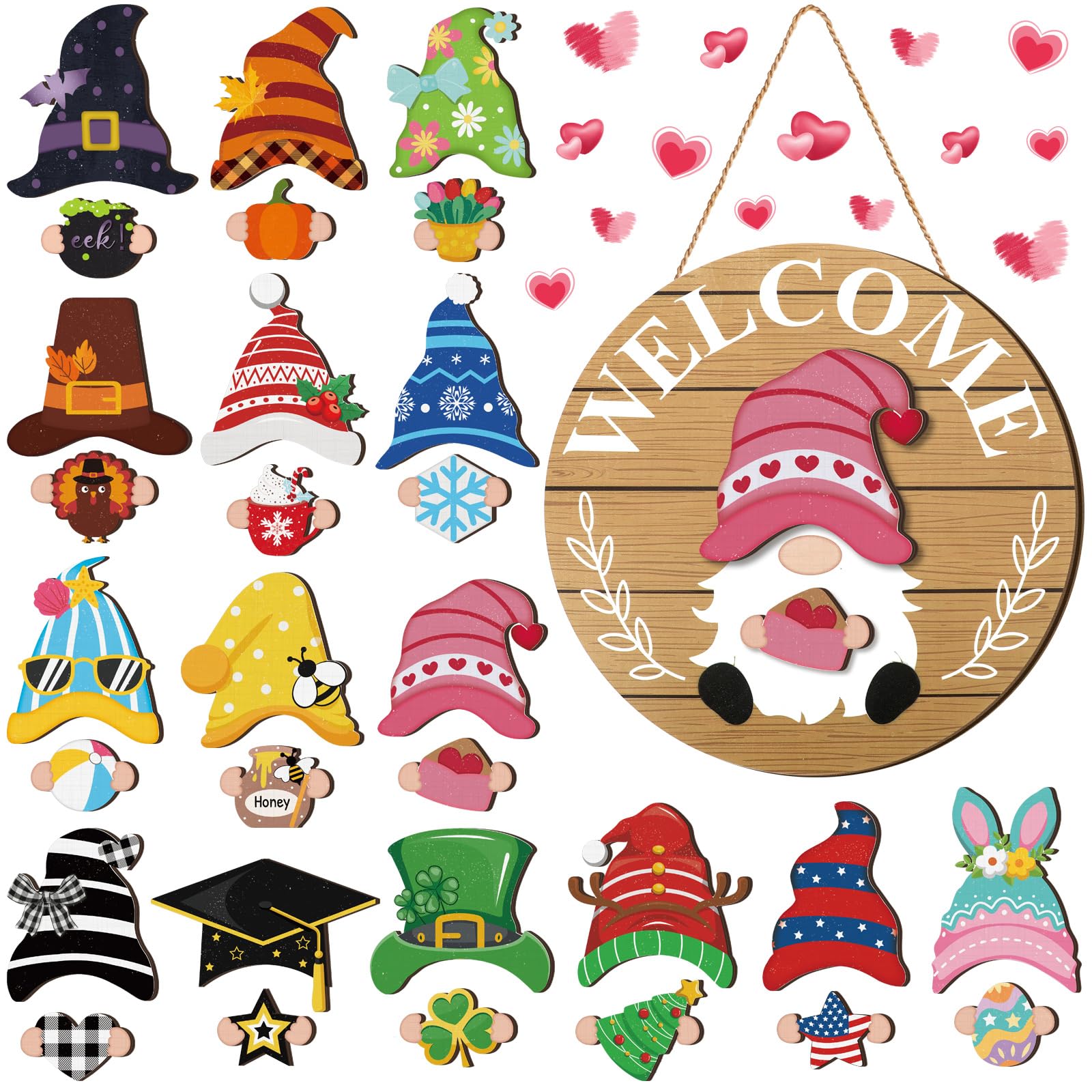 Photo 1 of Qunclay Interchangeable Wooden Gnome Decor Holiday Seasonal Gnome Decorations with Magnet Pieces and Detachable Hats Changeable Welcome Sign for Home(Delicate Style)