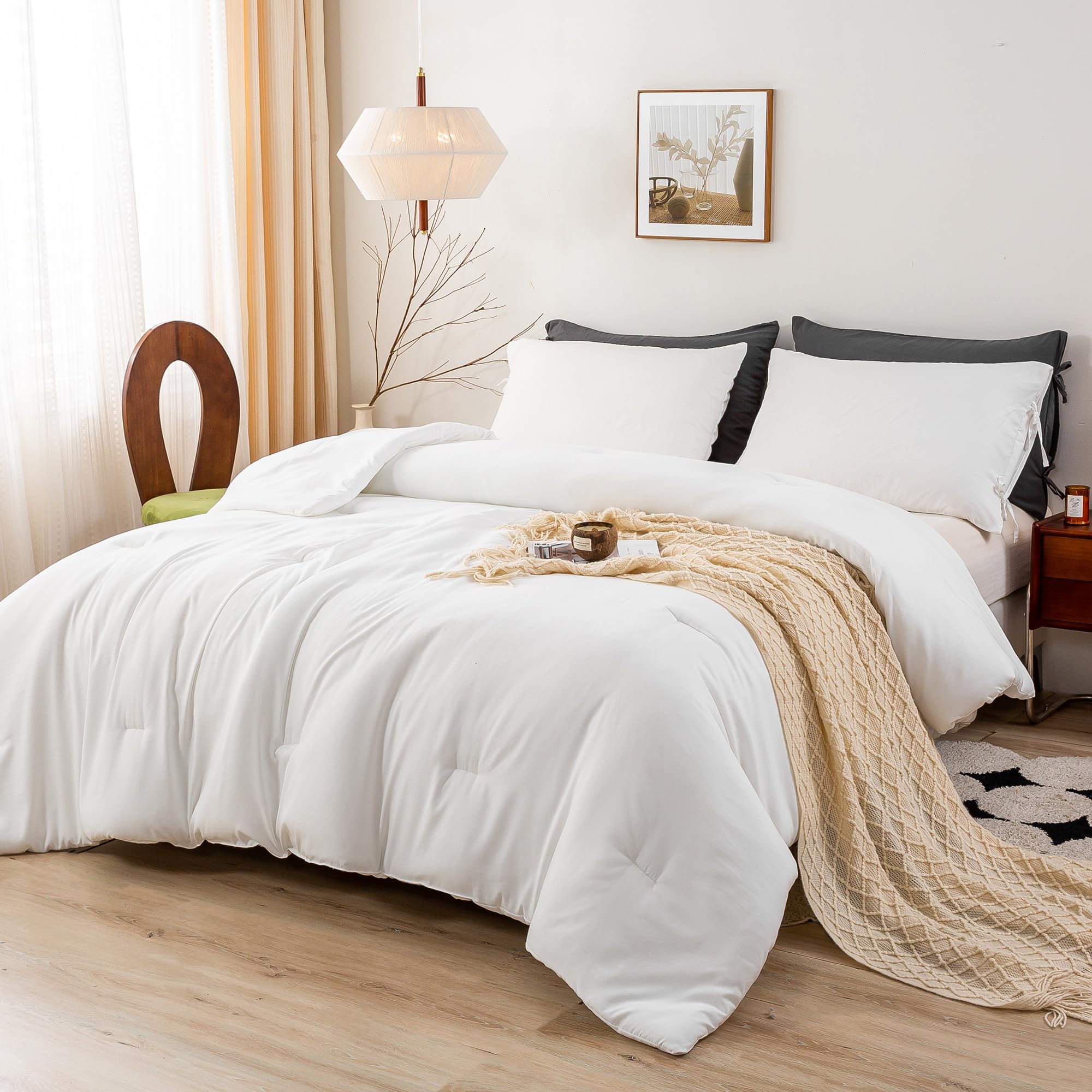 Photo 1 of BOHOPOPM White Comforter Full Size Bed - Super Soft Cozy Modern Polycotton Fabric - Bedding Blanket Quilt Set for Man Women Lightweight All Season Use - 3 Piece - 1 Solid Comforter and 2 Pillow Case