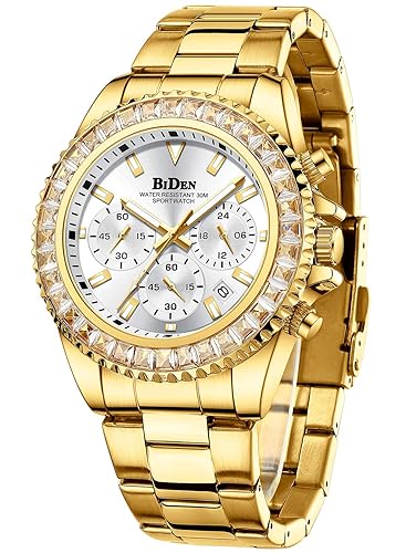 BIDEN Mens Watches Chronograph Diamond Gold Stainless Steel Waterproof Date  Analog Quartz Watch Business Casual Fashion Wrist Watches for Men in Oman 